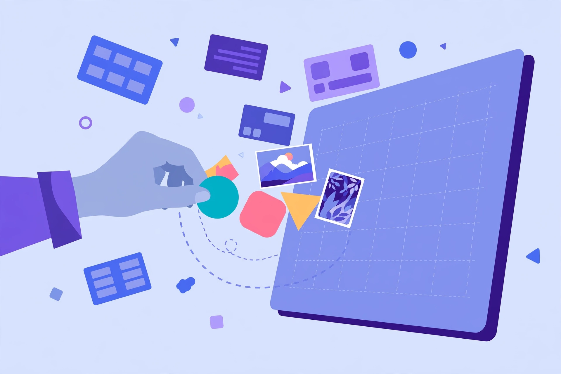 Illustration of a designer arranging elements on a Canva-style canvas