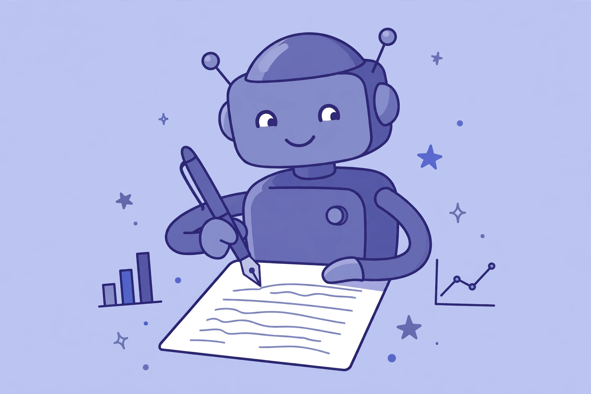 Illustration of an AI robot writing a blog article with SEO charts